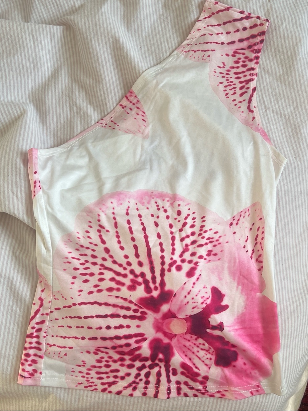 White & Pink Floral One-Shoulder Women's Top